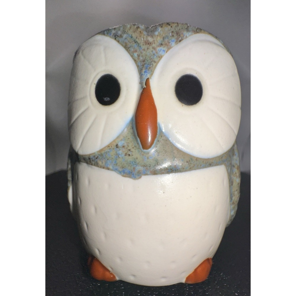 Ceramic Owl Mug Blue Speckled Pottery Coffee Tea Cup Whimsical Owl Design